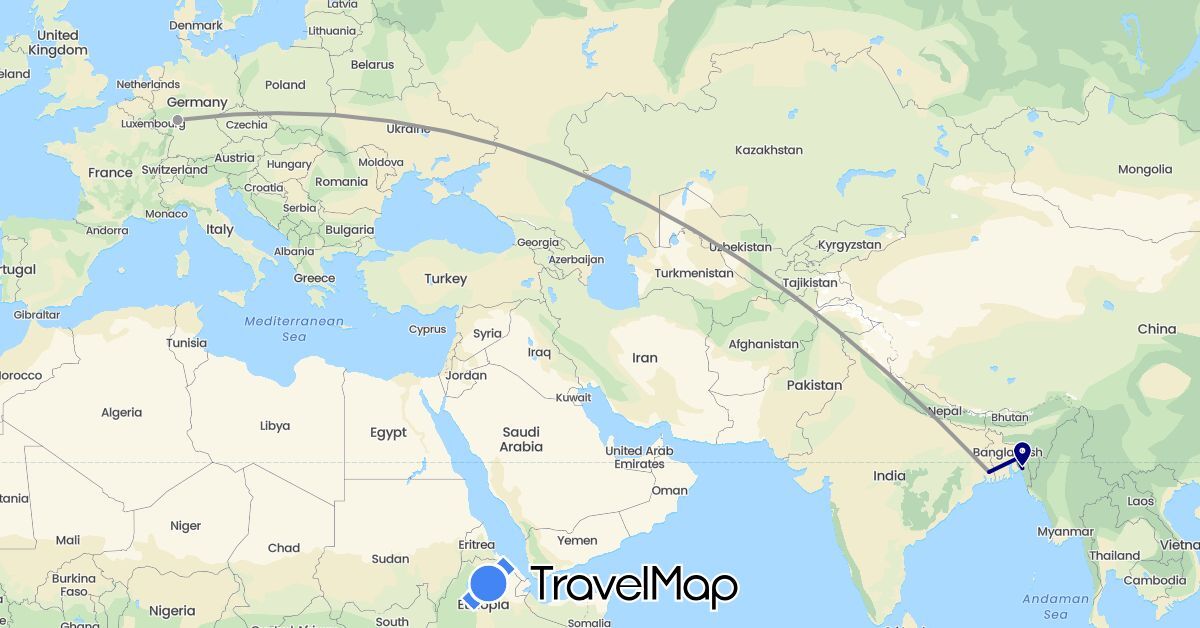 TravelMap itinerary: driving, plane in Germany, India (Asia, Europe)